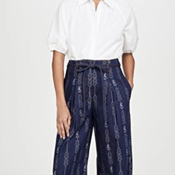 Tory Burch Gemini Jeans Jacquard Blue Denim Wide Leg Trousers 6 NWT (Orig. $355) - Picture 5 of 10